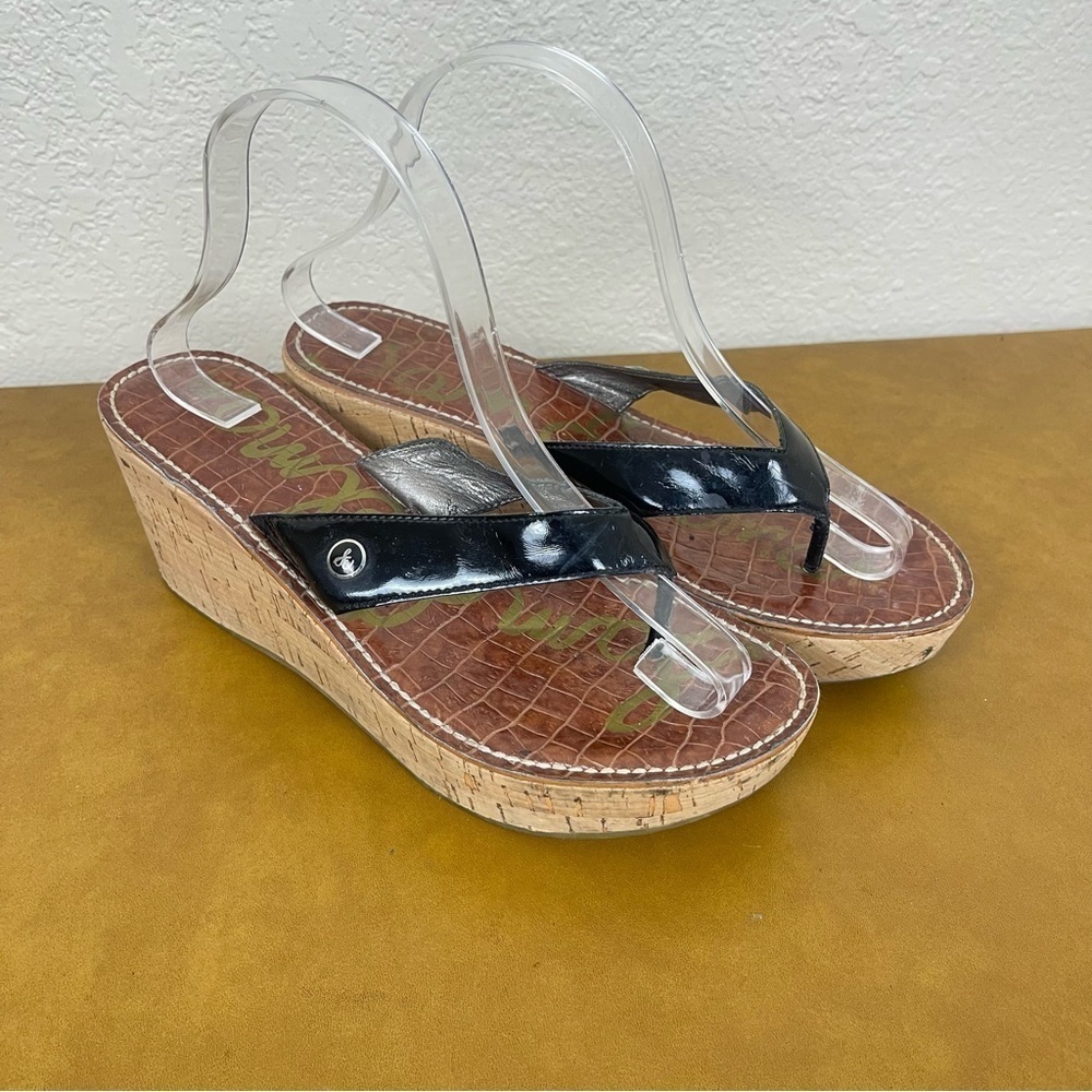 Sam Edelman Romy Black Patent Leather Thong Wedge Sandal Size 9 Women
